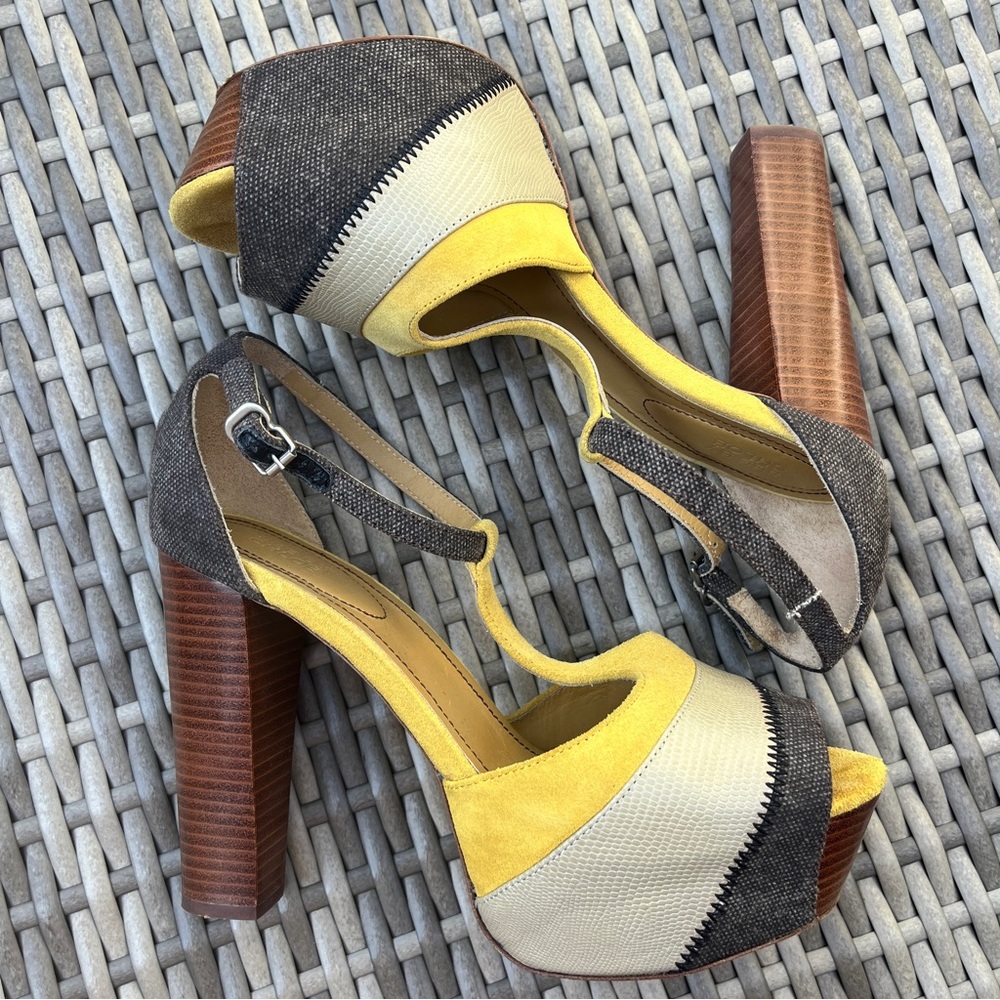 See by Chloé Colorblock Suede & Canvas Peep-Toe Platform Heels – Size EU 38/US 7